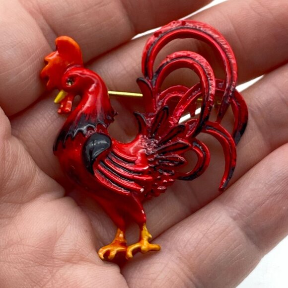VTG Original by Robert red enamel rooster chicken brooch pin lapel signed - Picture 6 of 6